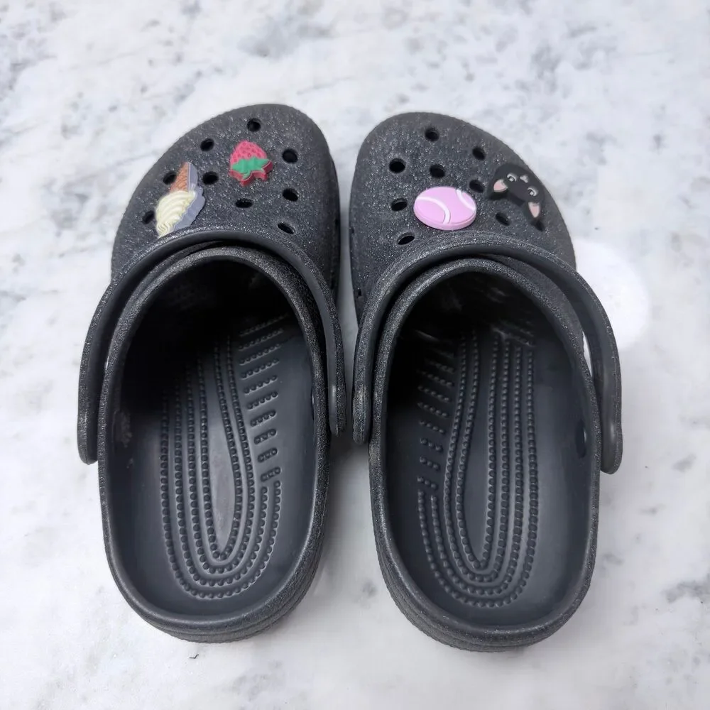 Crocs Classic Black Glitter Clog with Charms size  J1